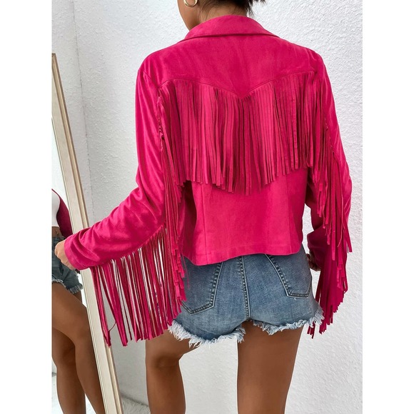 boho cowboy Fringe Trim Open Front Jacket vegan suede hot pink - Picture 2 of 11